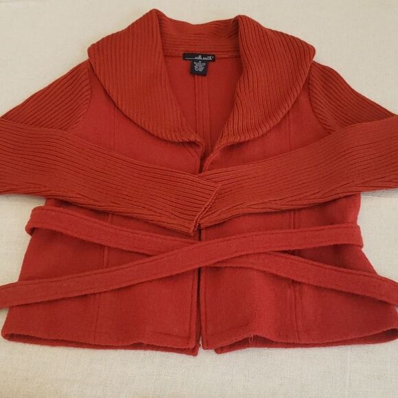 Willi Smith Boiled Wool Cardigan Sweater Belted Womens sz M Shawl Collar Rust - Picture 5 of 8